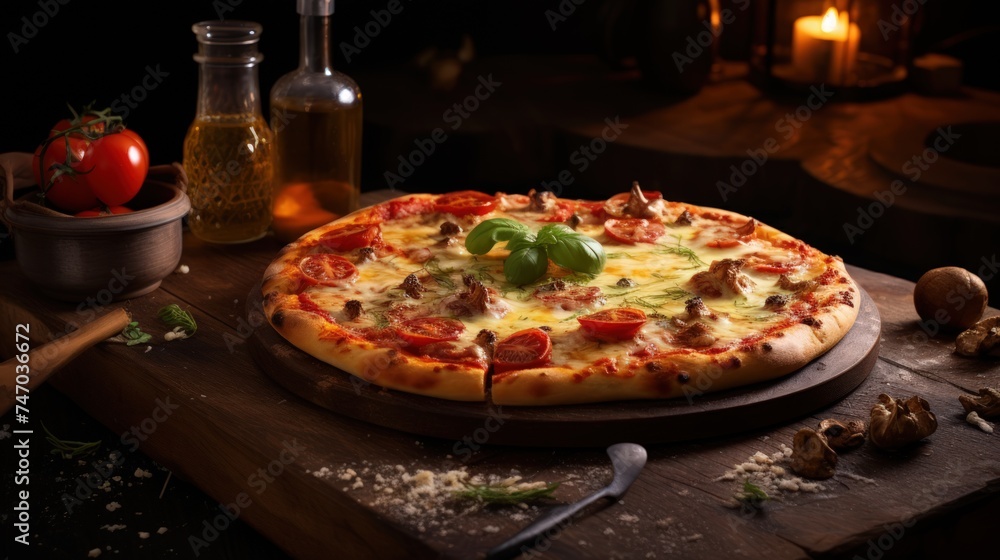 Delicious pizza with various toppings sits on a rustic wooden table.