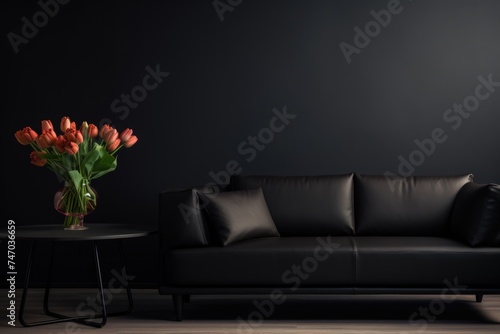 Dark luxury interior with a black leather couch and a vase of flowers.