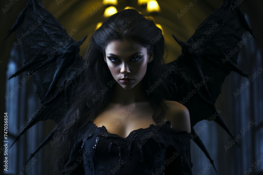 An ancient female vampire with tattered wings and a ravenous grin, of Russian descent, lurking in the shadows of a forgotten castle, her unearthly beauty concealing a heart of pure darkness. Low key
An ancient female vampire with tattered wings and a ravenous grin, of Russian descent, lurking in the shadows of a forgotten castle, her unearthly beauty concealing a heart of pure darkness. Low key