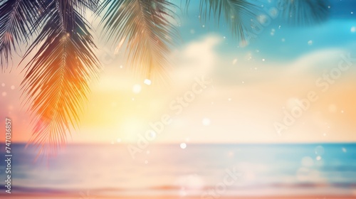 Palm trees sway on a tropical beach at sunset © crazyass