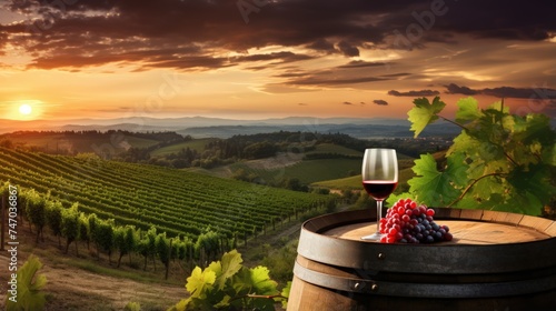 Red wine with barrel on vineyard in green Tuscany illustration photo