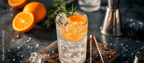 A cocktail made with gin, tonic water, ice, and garnished with orange slices, served in a glass on a table.