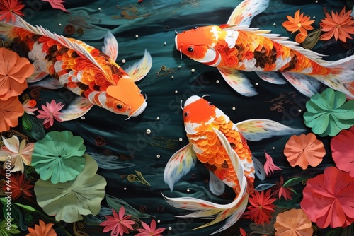 Paper art koi fish swimming in a pond