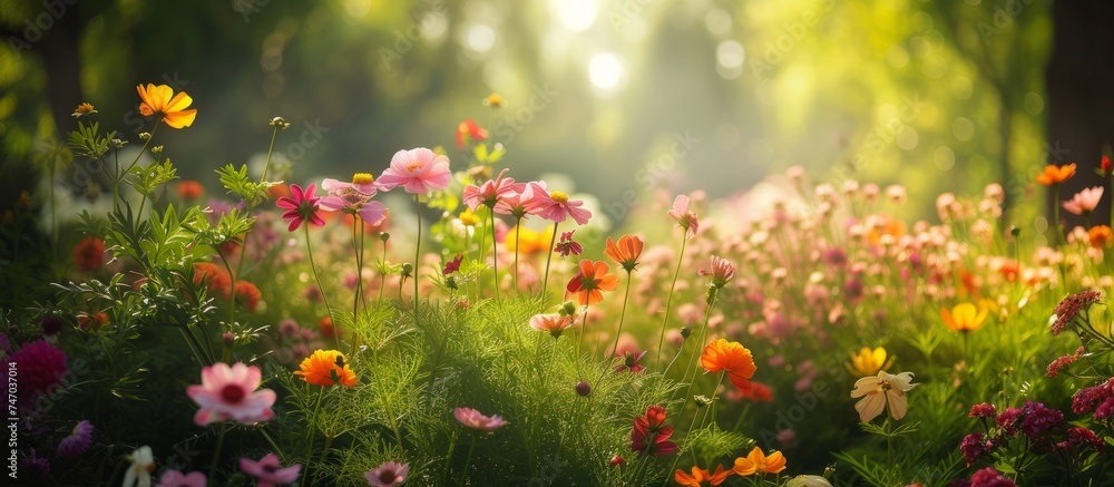 Radiant Flowers Basking in the Sunlight in a Lush Garden Setting