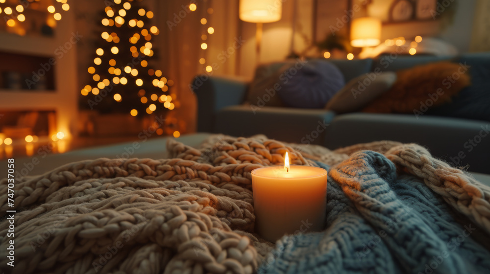 A candle nestled within the home interior emanates a soft, ambient glow, casting delicate shadows and fostering a serene and inviting atmosphere of warmth and relaxation. A candle nestled within the home interior emanates a soft, ambient glow, casting delicate shadows and fostering a serene and inviting atmosphere of warmth and relaxation.