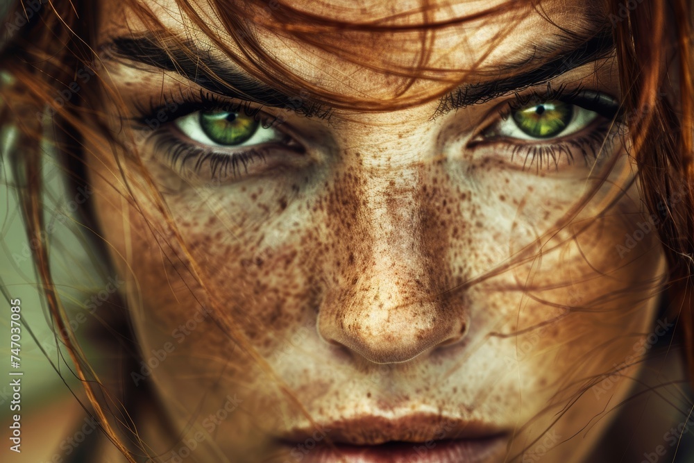 Close-Up of Woman With Freckles on Face. Generative AI Close-Up of Woman With Freckles on Face. Generative AI