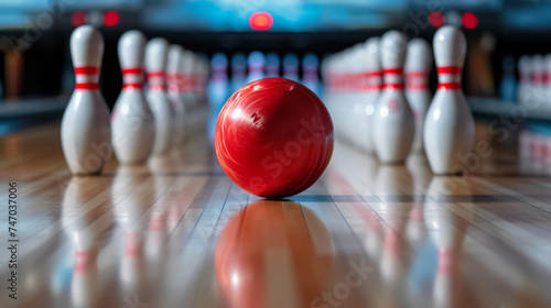 A vibrant red bowling ball rests gracefully on the polished lane, with pins standing upright in the background, setting the stage for an intense and thrilling game of bowling.