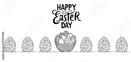 One continuous hand drawing easter egg doodle decorated banner, poster. design for rabbit easter egg on white background vector