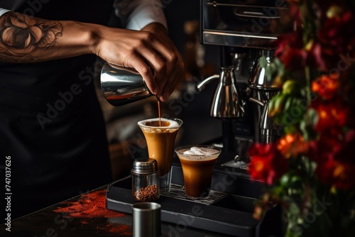 Stylish café setting with a barista expertly preparing a cold chili pepper latte, showcasing the artistry of coffee crafting