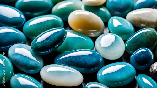 Closeup of 3D blue jade pebbles. Experience the serene energy aura of nature's crystal gemstone