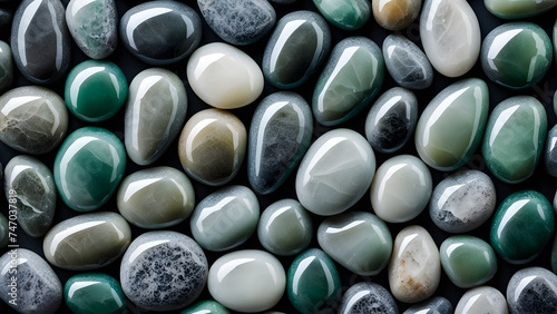 Closeup detail of 3D gray jade pebbles. Revel in the soothing energy aura of natural crystal gemstones