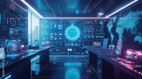 A futuristic AI-powered workspace mockup with glowing holographic displays and virtual reality interfaces