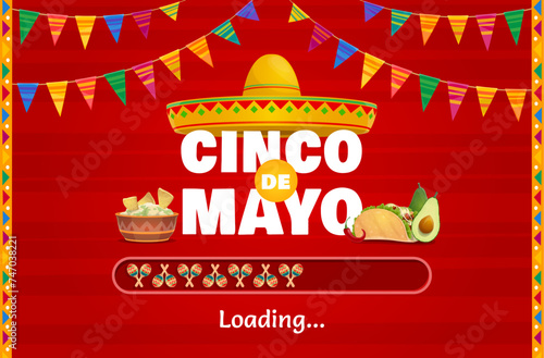 Cinco de mayo mexican holiday loading bar, celebratory vector scale showcasing sombrero, hat, tex mex food such as nachos, taco, avocado and jalapeno with maracas representing rich cultural traditions