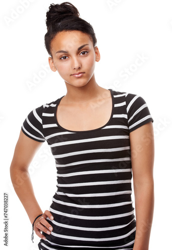 Studio, portrait or confident student with fashion or trendy style, pride or gen z aesthetic by white background. Egyptian woman, face or casual teenager top or funky clothes in closeup for studies