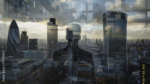 photo of Double exposure of a business man looking towards the financial district of the City of London