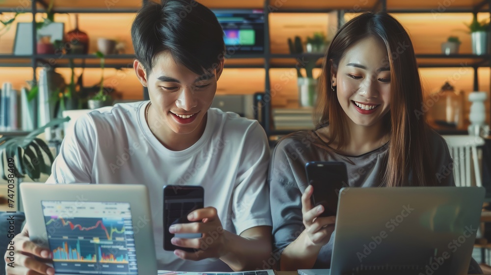 photo of Young Asian couple managing finance and investment online, analyzing stock market trades with mobile app on laptop and smartphone. photo of Young Asian couple managing finance and investment online, analyzing stock market trades with mobile app on laptop and smartphone.