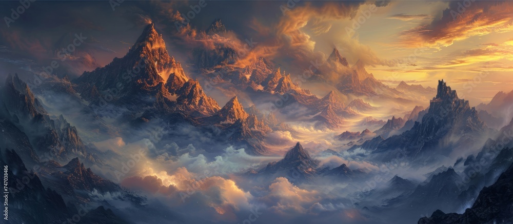 Fototapeta premium Sunset over majestic mountains with dramatic clouds in the sky