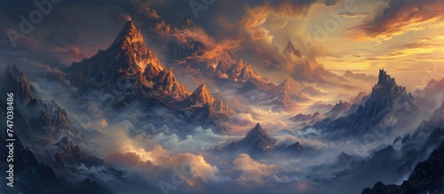 Sunset over majestic mountains with dramatic clouds in the sky