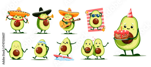 Cartoon kawaii Mexican avocado characters with sombrero, guitar and maracas, vector kids personages. Funny cute avocado with birthday cake, on surfboard or summer holiday vacations and fitness sport