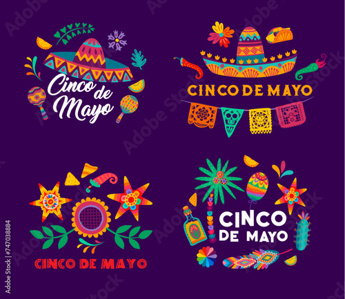 Cinco de Mayo mexican holiday. Hispanic culture celebration flyers, Mexican holiday party invitation vector banner. Cinco de Mayo carnival background with sombrero hat, picado garland and tequila
