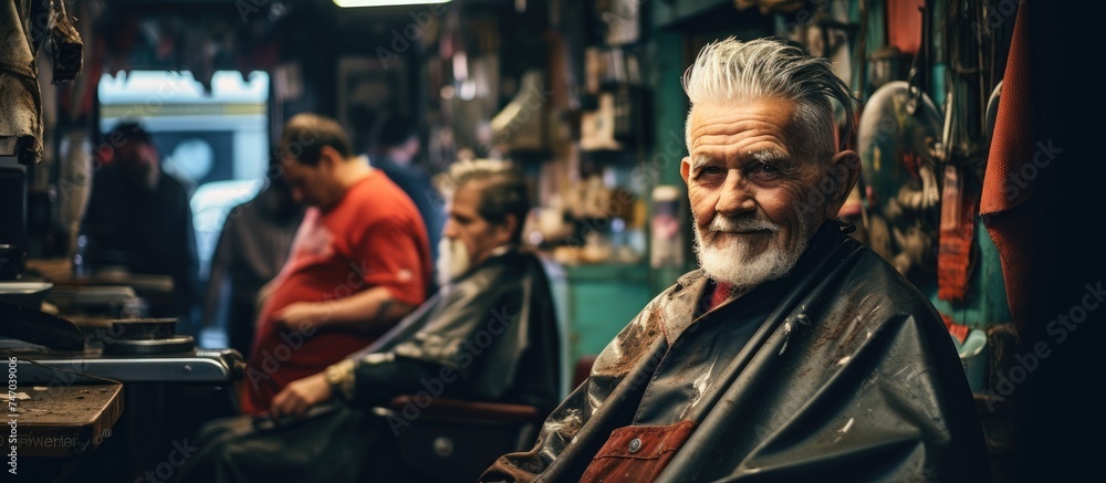An elderly man is sitting in a barber shop chair, looking directly at the camera as the barber styles his hair. The shop is filled with barber tools and mirrors.