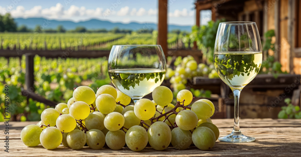 Grapes and white wine on the background of a vineyard