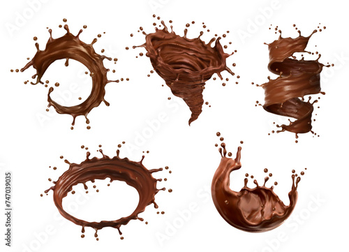 Realistic liquid chocolate choco milk splashes and flow swirls. Cacao melt or coffee drink tornado twister, whirlwind with splatters. Isolated 3d vector cocoa brown hurricane dessert stream and drops