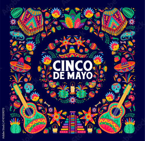 Mexican Cinco de Mayo holiday banner with tropical flowers and ethnic items, vector background. Mexican sombrero, guitar and maracas, calavera skull and pinata or cactus ornament for Cinco de Mayo