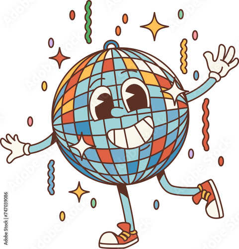 cartoon party discoball groovy character. Disco mirror ball. Isolated vector vibrant personage with sparkling, multi-colored facets, cheerful eyes and wide inviting smile, radiating dance-floor energy