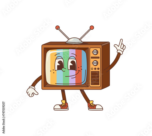 Cartoon tv groovy character. Isolated vector zany, retro television set personage with bright, psychedelic stripes on screen, animated, expressive eyes and wide, charismatic smile, exuding a 70s vibe