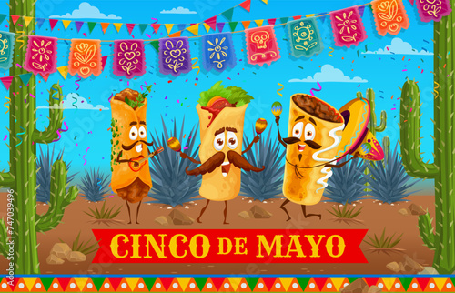 Mexican burrito, enchilada and chimichanga food characters on holiday party. Vector festive banner with funny tex mex personages wear mariachi sombrero playing maracas, and guitar in decorated desert