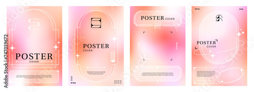 Pastel gradient y2k poster background with abstract frame and shapes. Aesthetic modern vector templates with soft, pink fluid colors. Minimal style designs with geometric figures, lines and elements