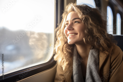 Free Download Pensive young woman, happily gazing out the window during her morning commute on an urban light rail train, expressing gratitude - GFXLoad