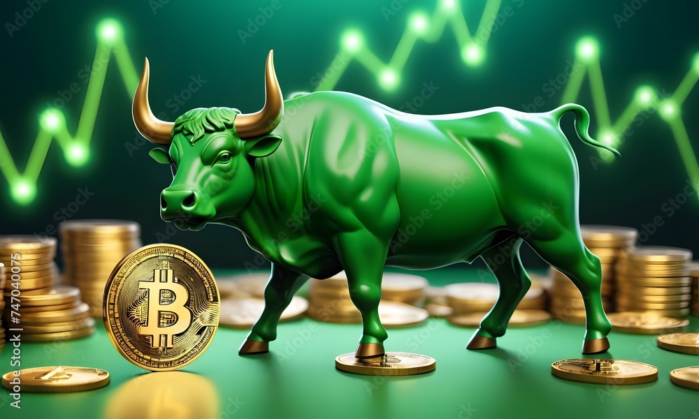 A green bull statue stands amid rising financial graphs, symbolizing a bullish cryptocurrency market. Bitcoin coins scattered around the bull's feet highlight the crypto investment theme. AI