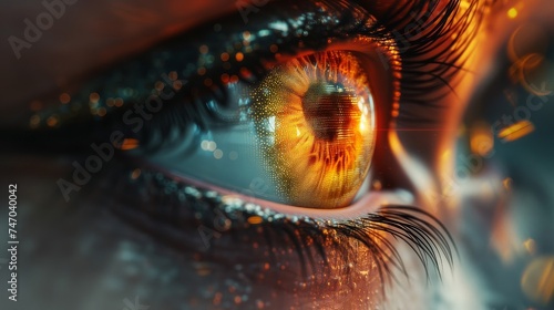 a close up of a woman s eye with fire coming out of it photo