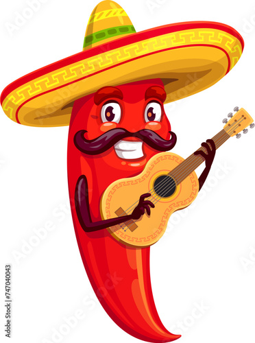Mexican red hot chili pepper, Cinco de mayo holiday Mariachi musician character playing guitar. Isolated cartoon vector jalapeno or guindilla personage with mustaches celebrates traditional event