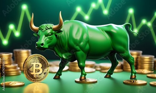 A green bull statue stands amid rising financial graphs, symbolizing a bullish cryptocurrency market. Bitcoin coins scattered around the bull's feet highlight the crypto investment theme. AI © video rost
