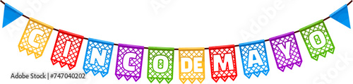 Mexican cinco de mayo holiday pennants. Isolated cartoon vector hanging papel picado flag garland, vibrant party decorations for celebration Hispanic heritage, symbolizing joy and cultural pride photo