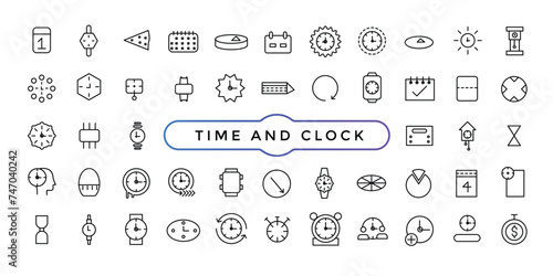 Time and Clock linear icons set. Date and Time, Timer, watch, speed, calendar, alarm clock Editable stroke.