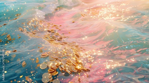 Waves, glittering gold, surreal water with lots of gold coins on the surface.
