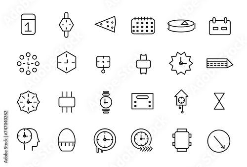 Time and Clock linear icons set. Date and Time, Timer, watch, speed, calendar, alarm clock Editable stroke.
