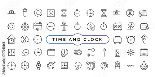 Time and Clock linear icons set. Date and Time, Timer, watch, speed, calendar, alarm clock Editable stroke. photo