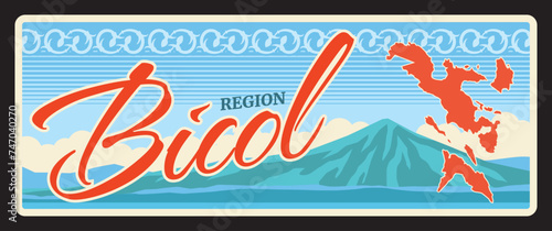 Bicol Region V of Philippines. Vector travel plate, nostalgic tin sign, retro welcome postcard or signboard. Souvenir card with Mayon Volcano, map of territory and ornaments design