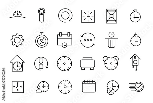Time and Clock linear icons set. Date and Time, Timer, watch, speed, calendar, alarm clock Editable stroke.