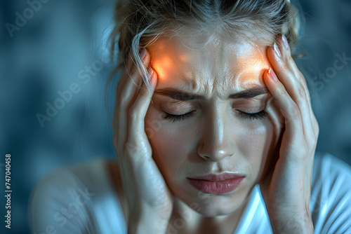 Close up of a woman migraine symptoms and facial emotion. Migraine is a type of headache characterized by recurrent attacks of moderate to severe throbbing and pulsating pain on one side of the head. © nuengneng