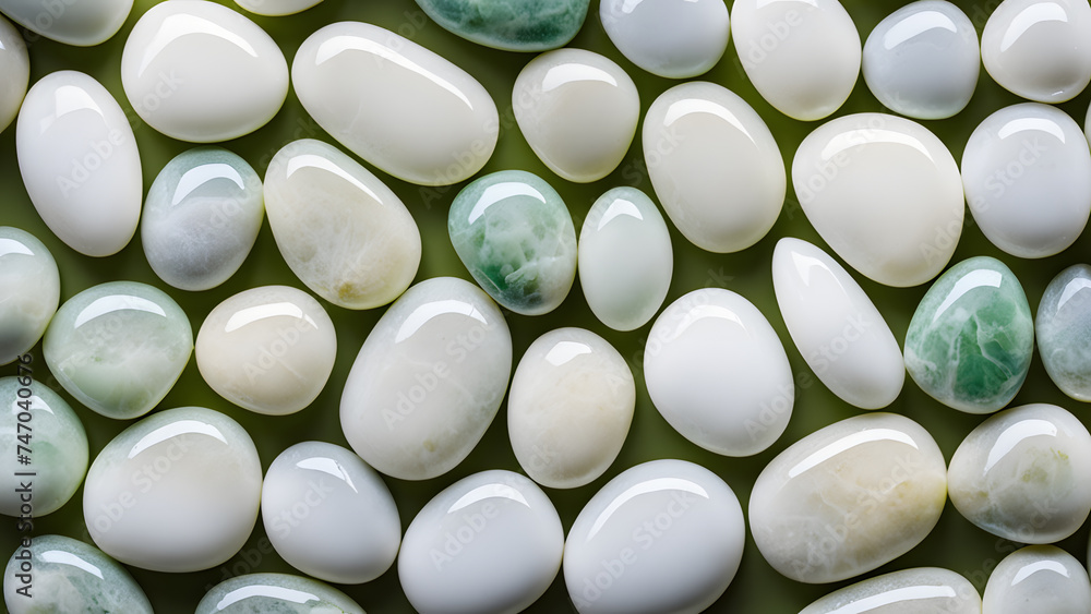 Closeup perspective of 3D white jade pebbles. Unveiling the ethereal energy aura of natural crystal gemstones