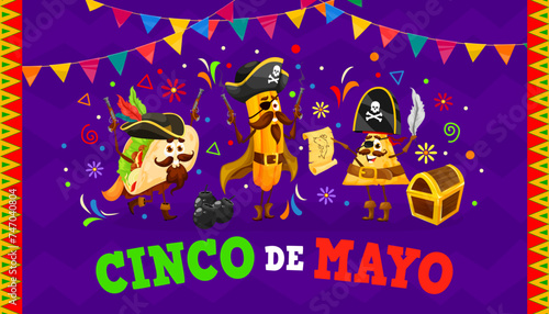 Cinco de Mayo banner. Cartoon Tex Mex mexican cuisine pirate characters. Hispanic culture festival background, latin carnival or party vector flyer with taco, churro and nacho cute pirate personages
