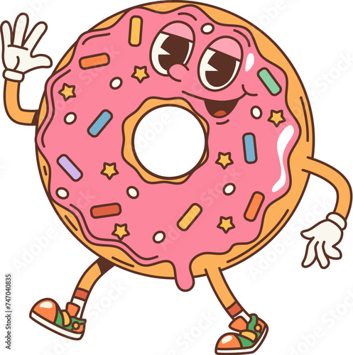 Cartoon donut groovy character. Isolated vector vibrant doughnut pastry dessert personage with funky smile, pink glaze and vividly colorful sprinkles, embodies a 70s vibe, with a wide, cheery smile