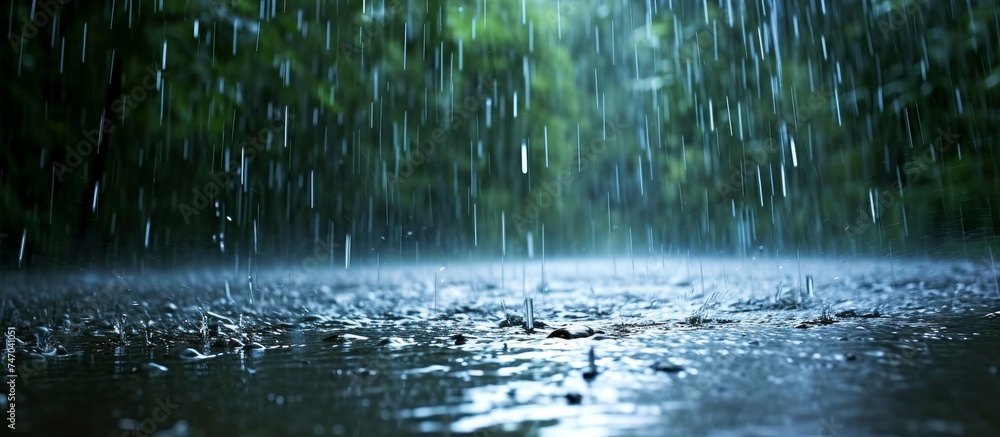 © TheWaterMeloonProjec - Liquid water is falling from the sky onto the terrestrial plants and trees in the natural landscape, creating a serene scene by the lake with grassy banks.