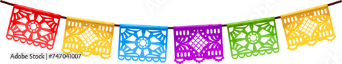 Mexican Cinco de mayo holiday pennants. Isolated cartoon vector hanging papel picado flag garland, vibrant party decorations, symbolizing joy and cultural pride for celebration of Hispanic heritage